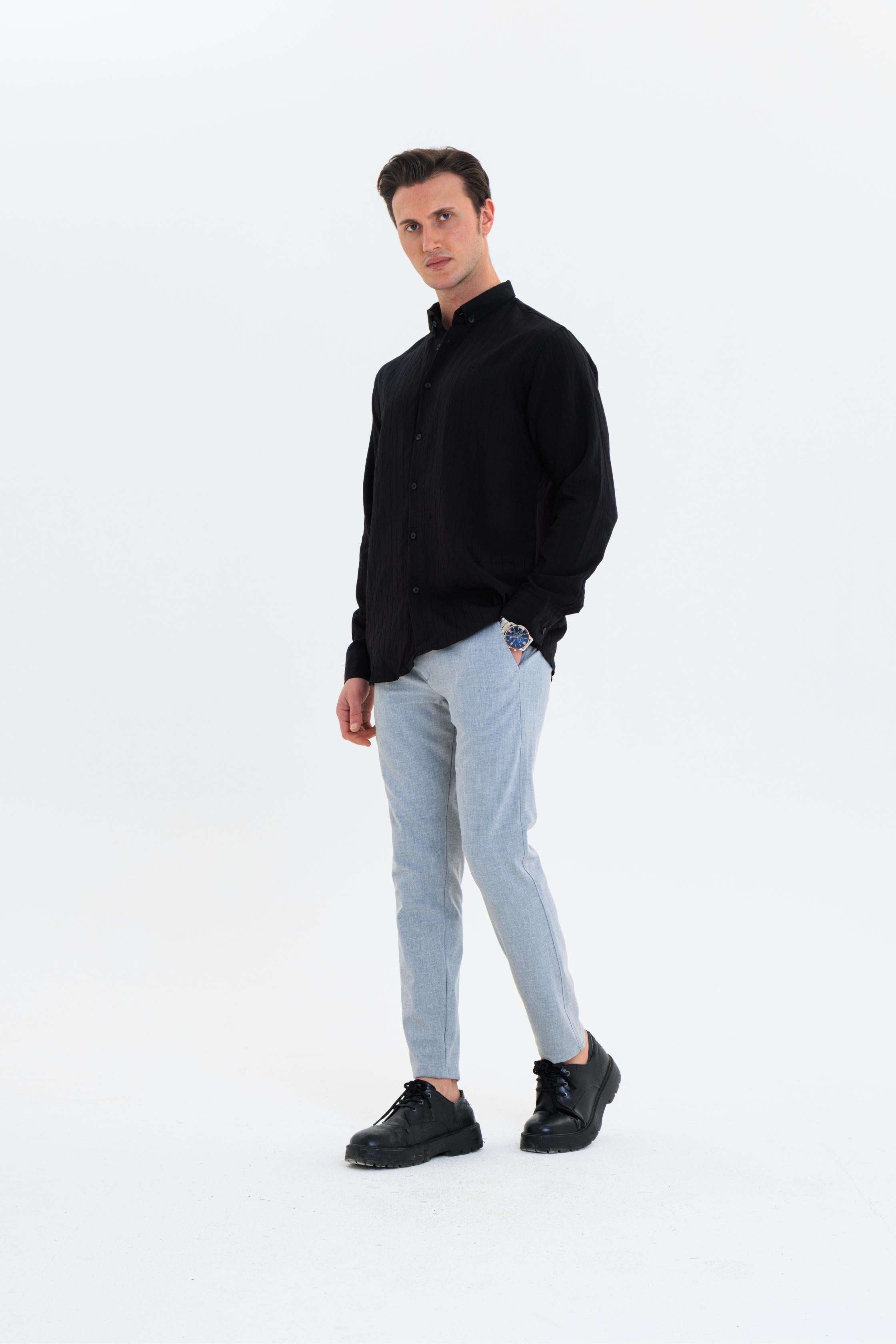 GEWER Erkek Slim Fit Çizgi Detaylı %100 Pamuk Siyah Gömlek