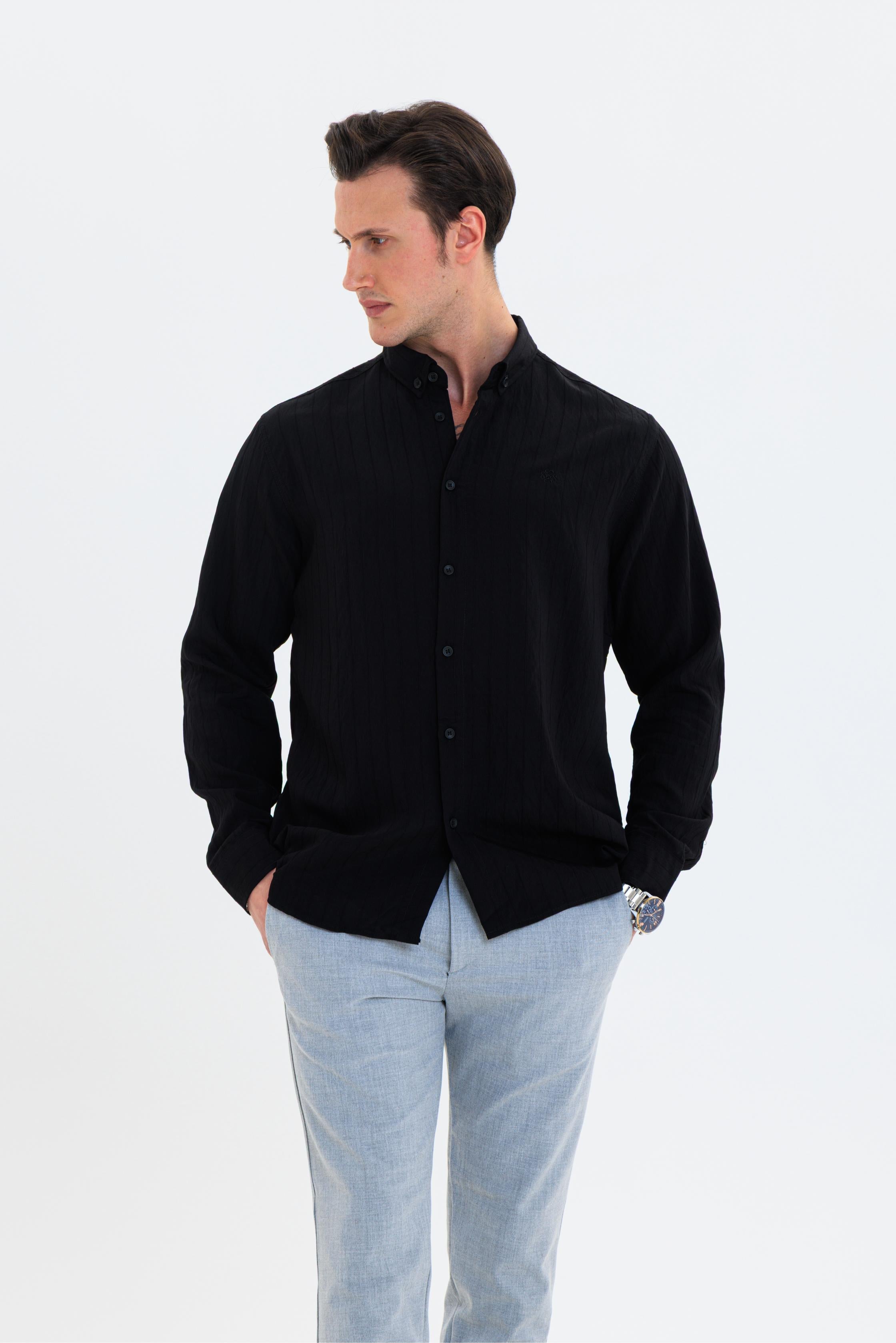 GEWER Erkek Slim Fit Çizgi Detaylı %100 Pamuk Siyah Gömlek
