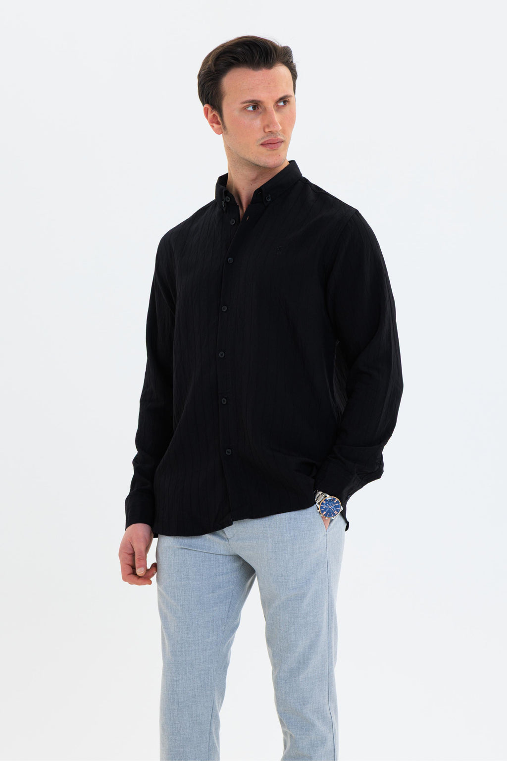 GEWER Erkek Slim Fit Çizgi Detaylı %100 Pamuk Siyah Gömlek