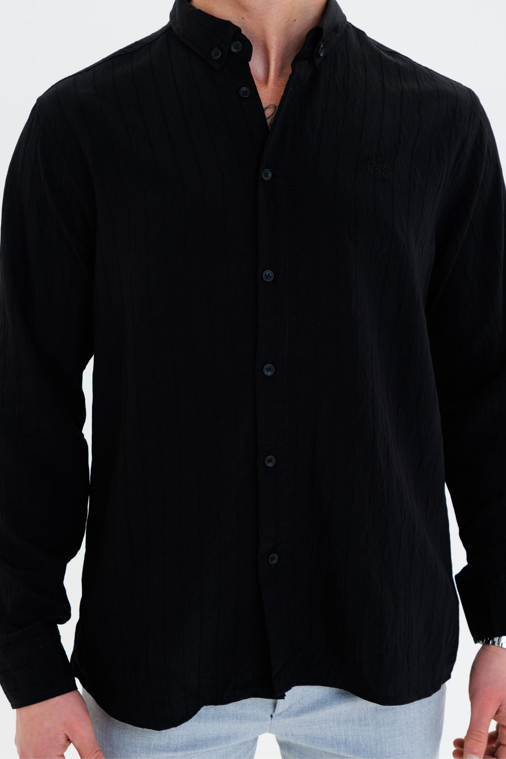 GEWER Erkek Slim Fit Çizgi Detaylı %100 Pamuk Siyah Gömlek