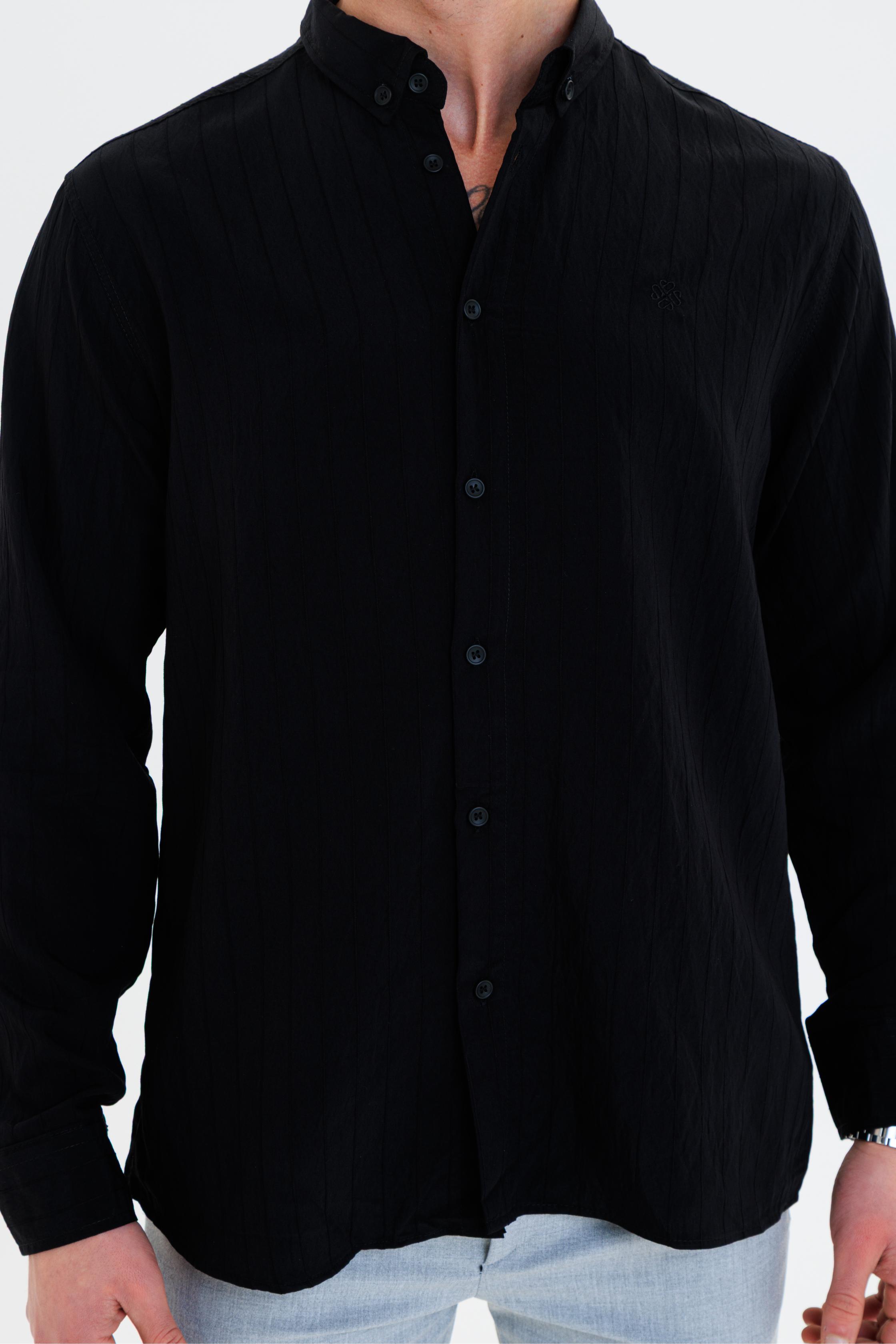 GEWER Erkek Slim Fit Çizgi Detaylı %100 Pamuk Siyah Gömlek