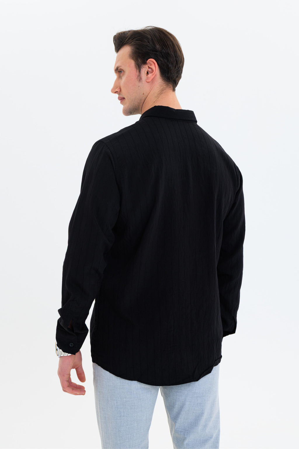 GEWER Erkek Slim Fit Çizgi Detaylı %100 Pamuk Siyah Gömlek