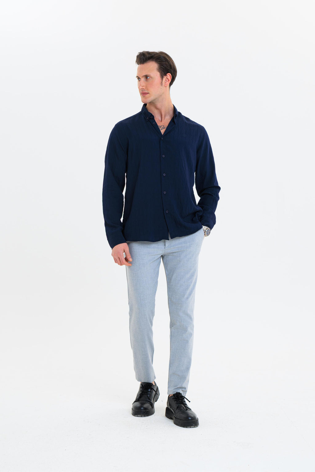 GEWER Erkek Slim Fit Çizgi Detaylı %100 Pamuk Lacivert Gömlek
