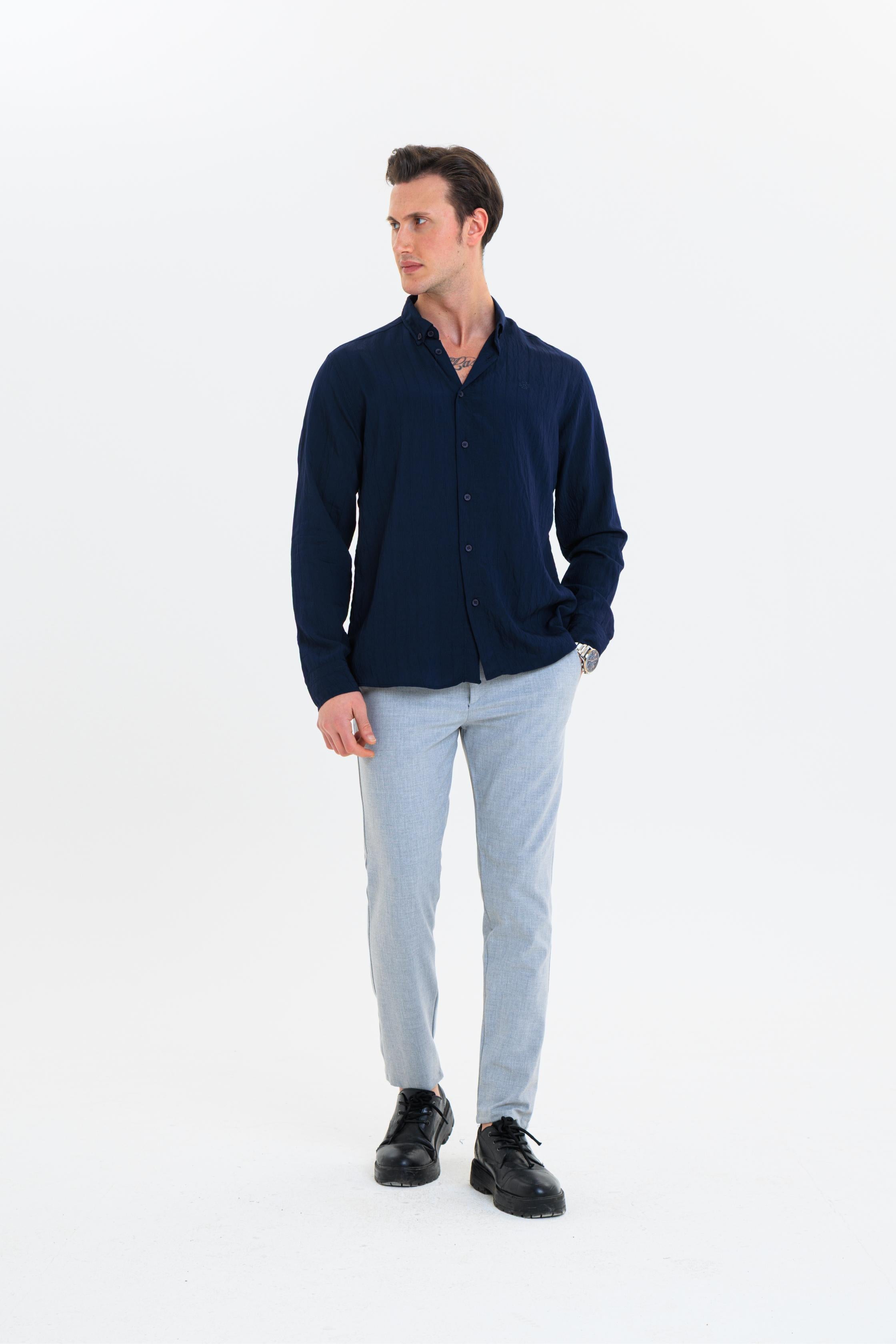 GEWER Erkek Slim Fit Çizgi Detaylı %100 Pamuk Lacivert Gömlek