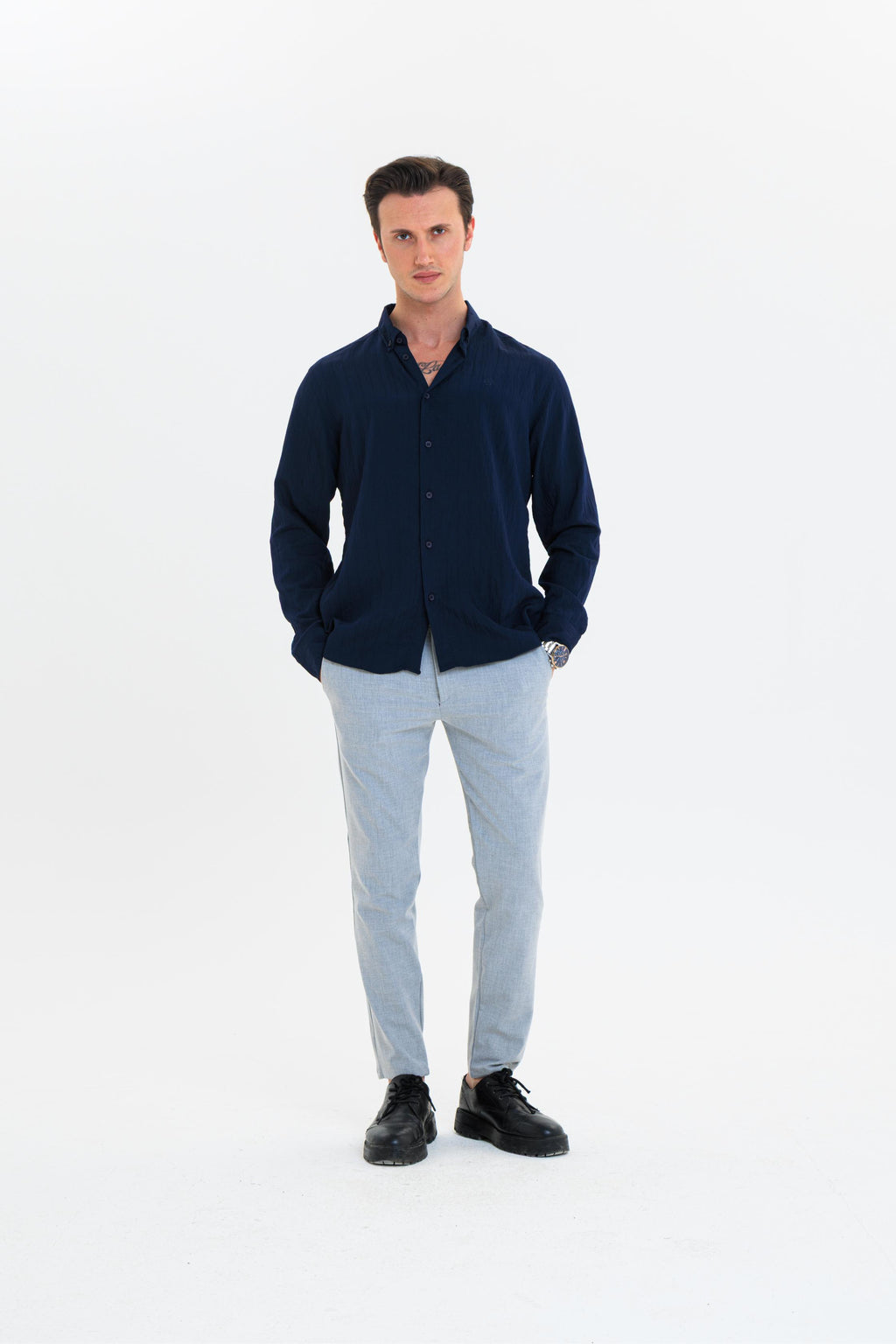 GEWER Erkek Slim Fit Çizgi Detaylı %100 Pamuk Lacivert Gömlek