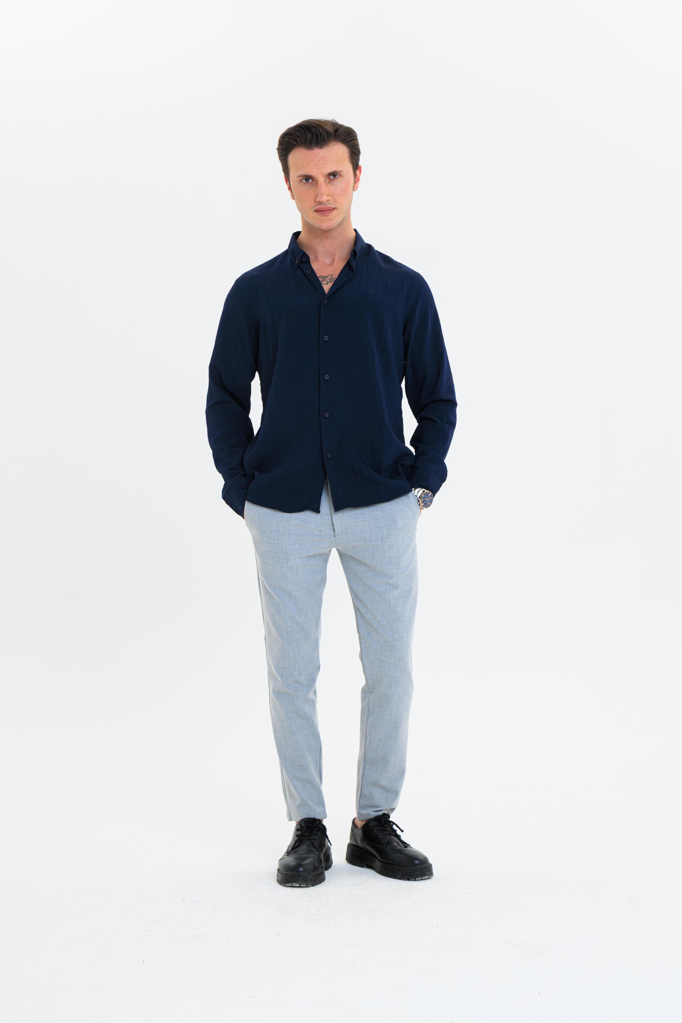 GEWER Erkek Slim Fit Çizgi Detaylı %100 Pamuk Lacivert Gömlek