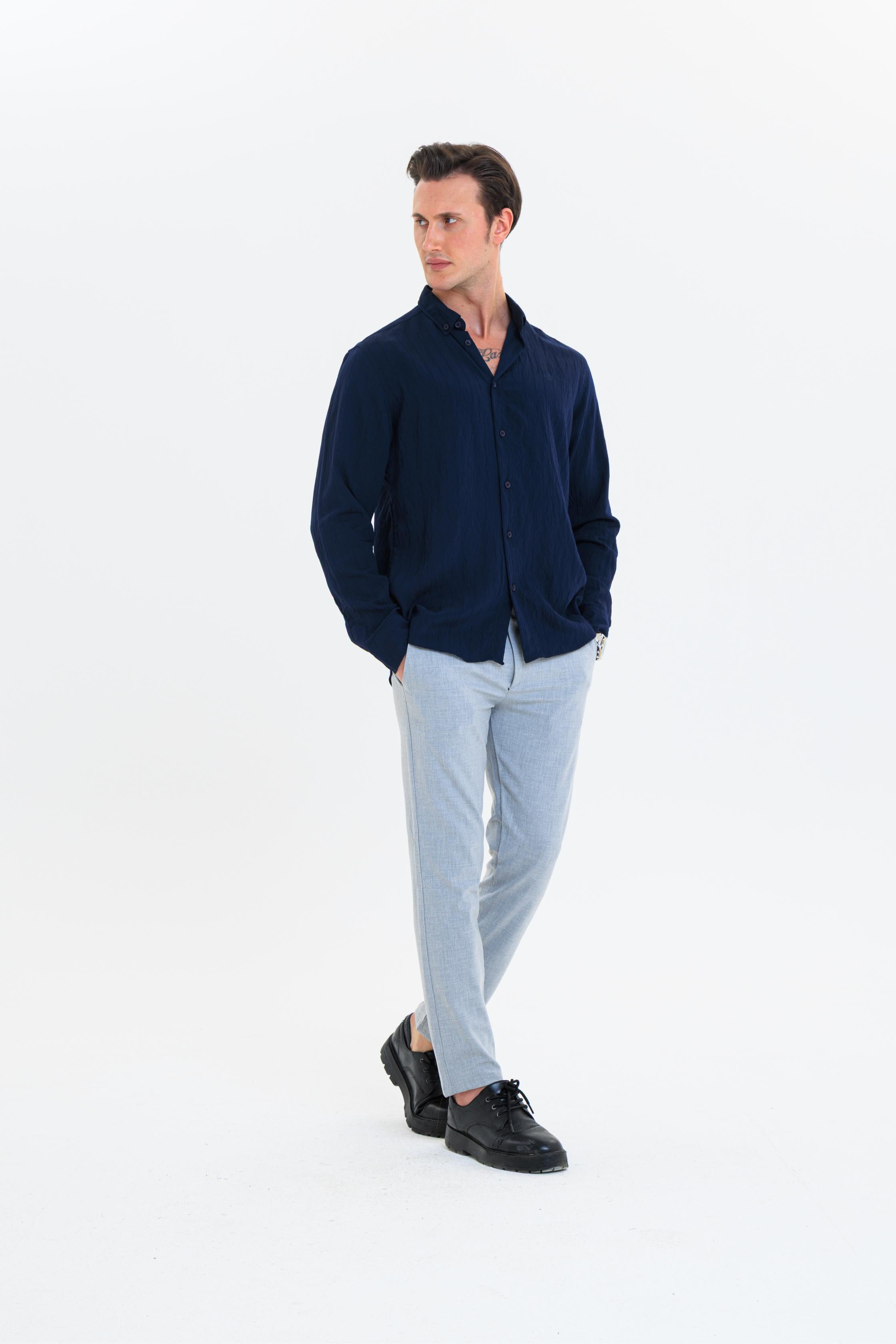 GEWER Erkek Slim Fit Çizgi Detaylı %100 Pamuk Lacivert Gömlek