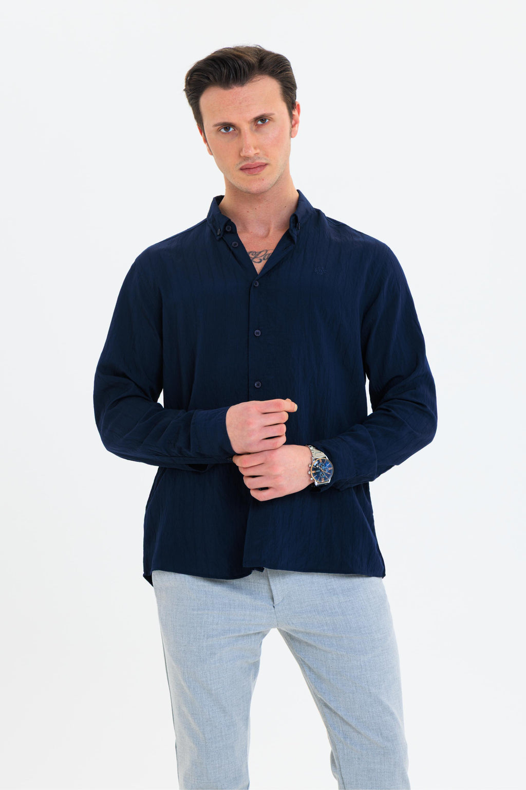 GEWER Erkek Slim Fit Çizgi Detaylı %100 Pamuk Lacivert Gömlek