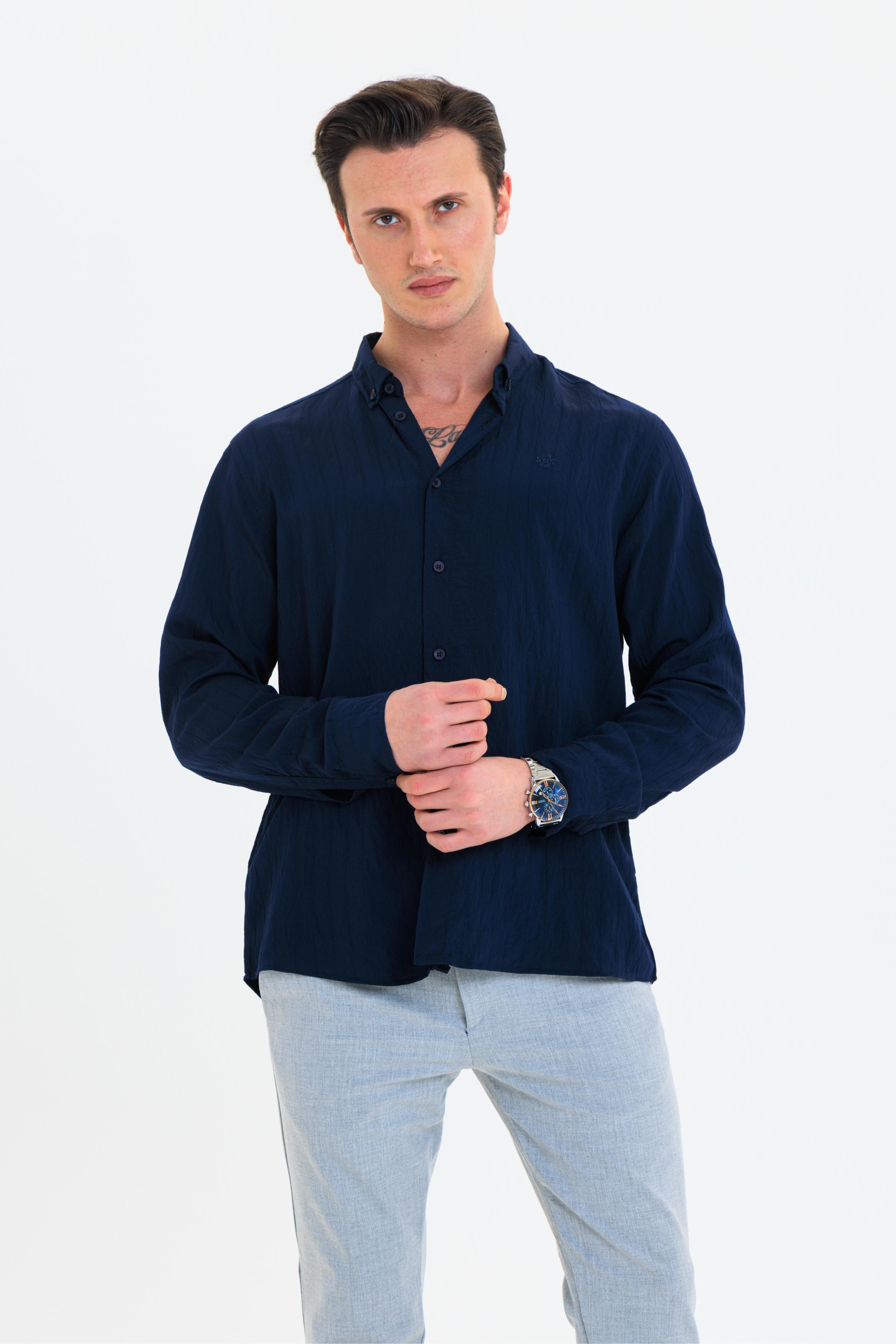 GEWER Erkek Slim Fit Çizgi Detaylı %100 Pamuk Lacivert Gömlek
