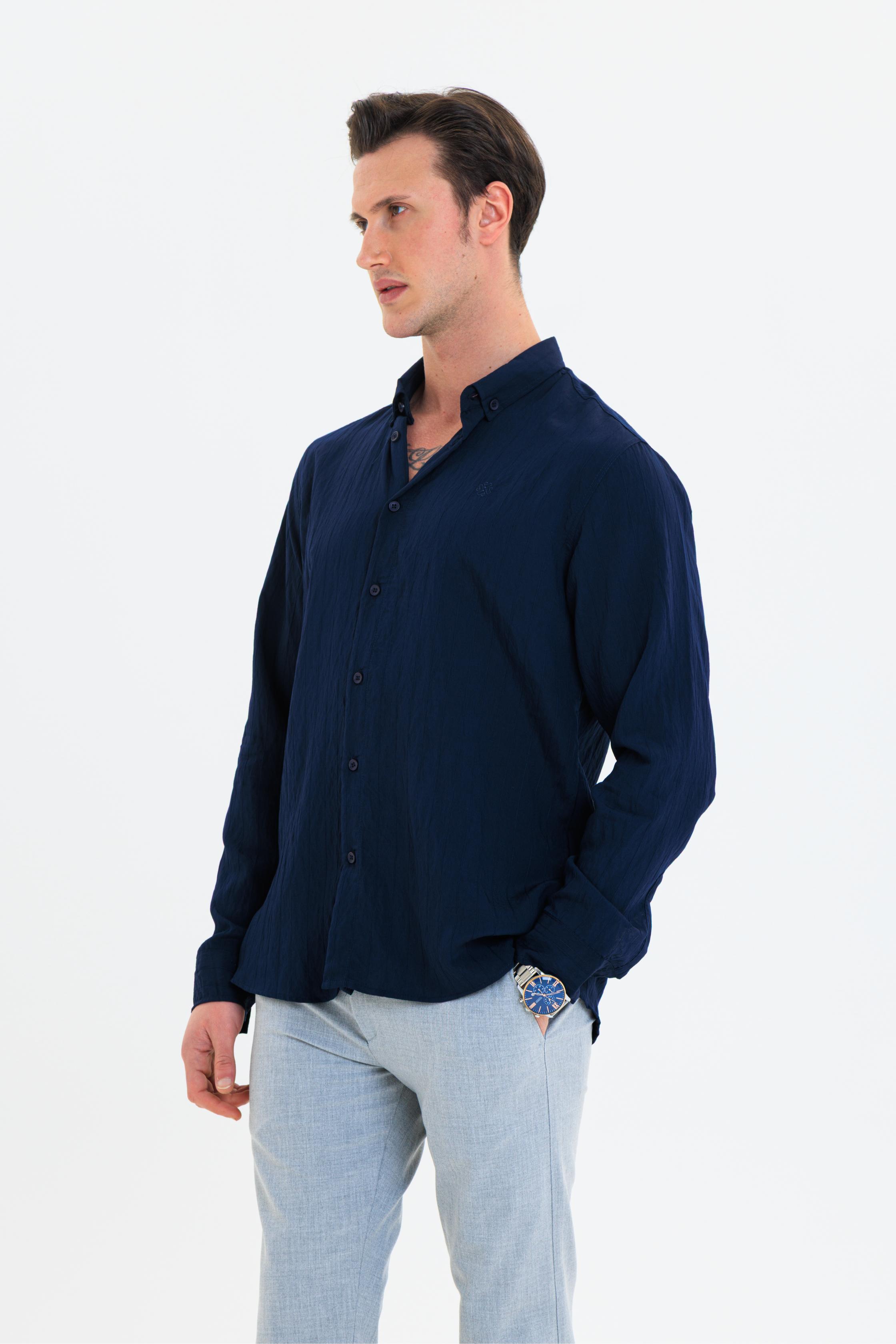 GEWER Erkek Slim Fit Çizgi Detaylı %100 Pamuk Lacivert Gömlek