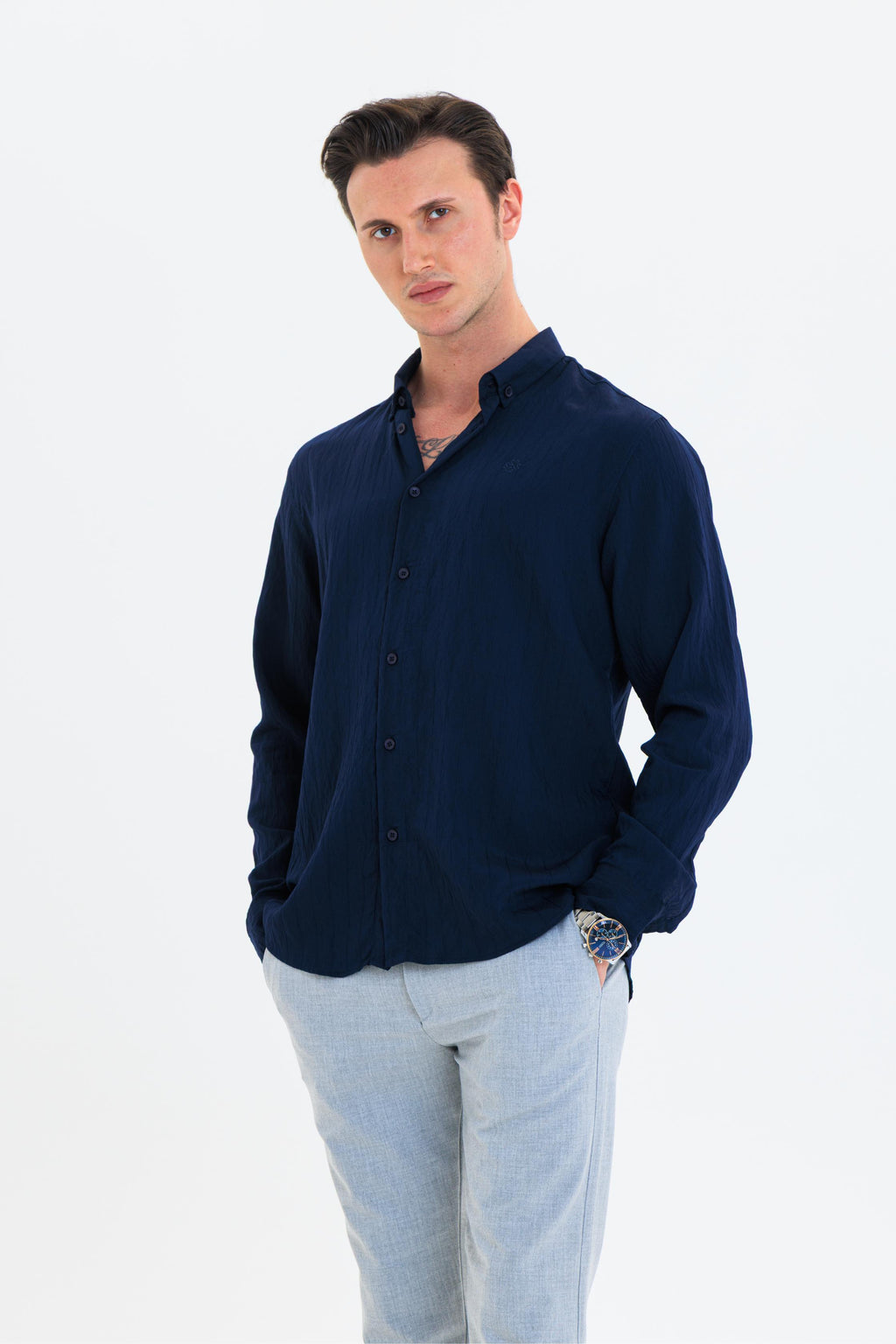 GEWER Erkek Slim Fit Çizgi Detaylı %100 Pamuk Lacivert Gömlek