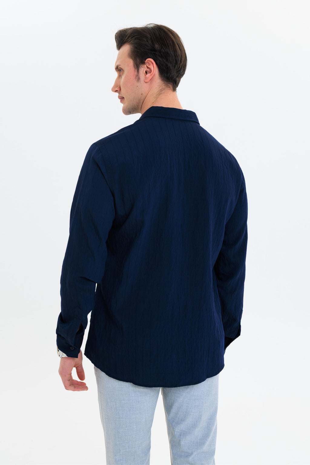 GEWER Erkek Slim Fit Çizgi Detaylı %100 Pamuk Lacivert Gömlek