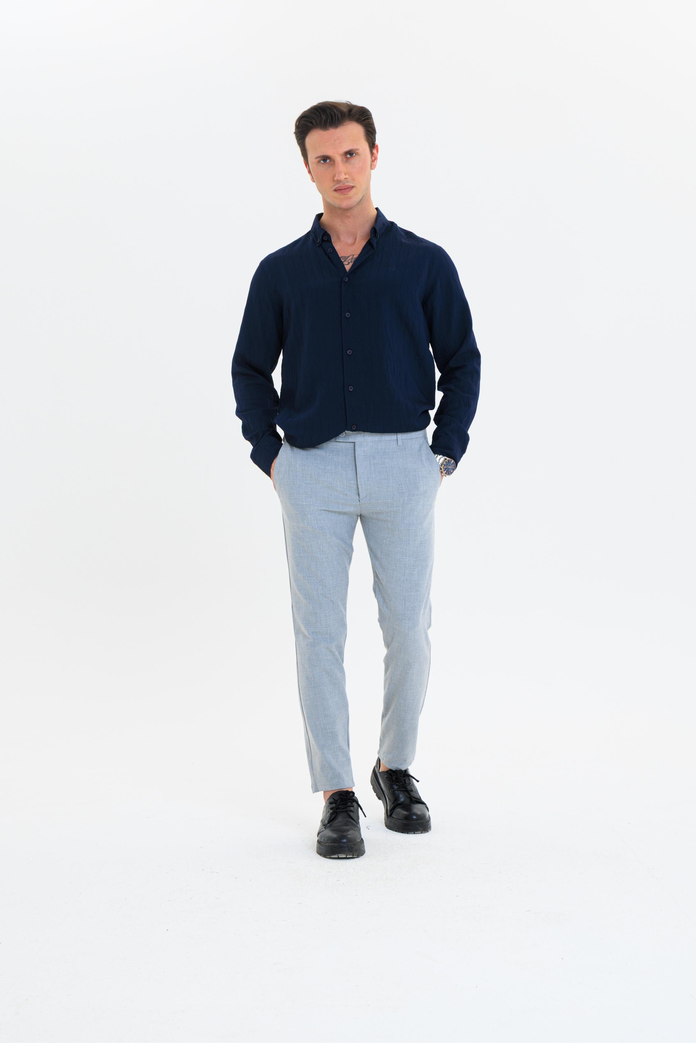 GEWER Erkek Slim Fit Çizgi Detaylı %100 Pamuk Lacivert Gömlek