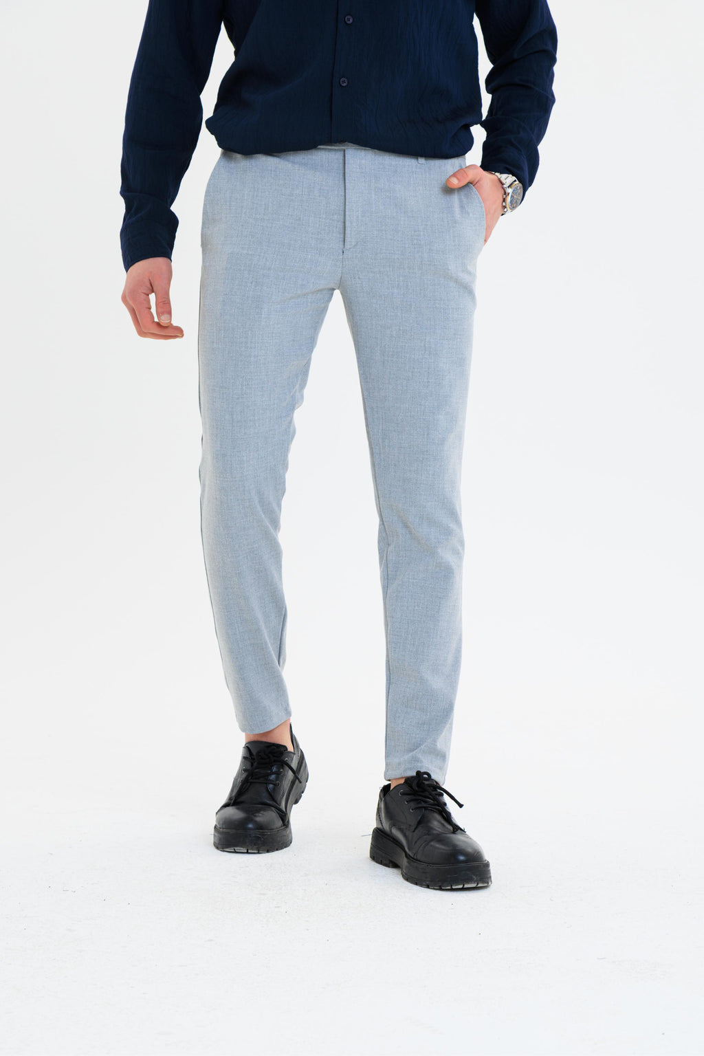 Erkek Düz Kesim Kumaş Pantolon Esnek Likralı Bilek Boy Gri -Skinny & Normal Bel