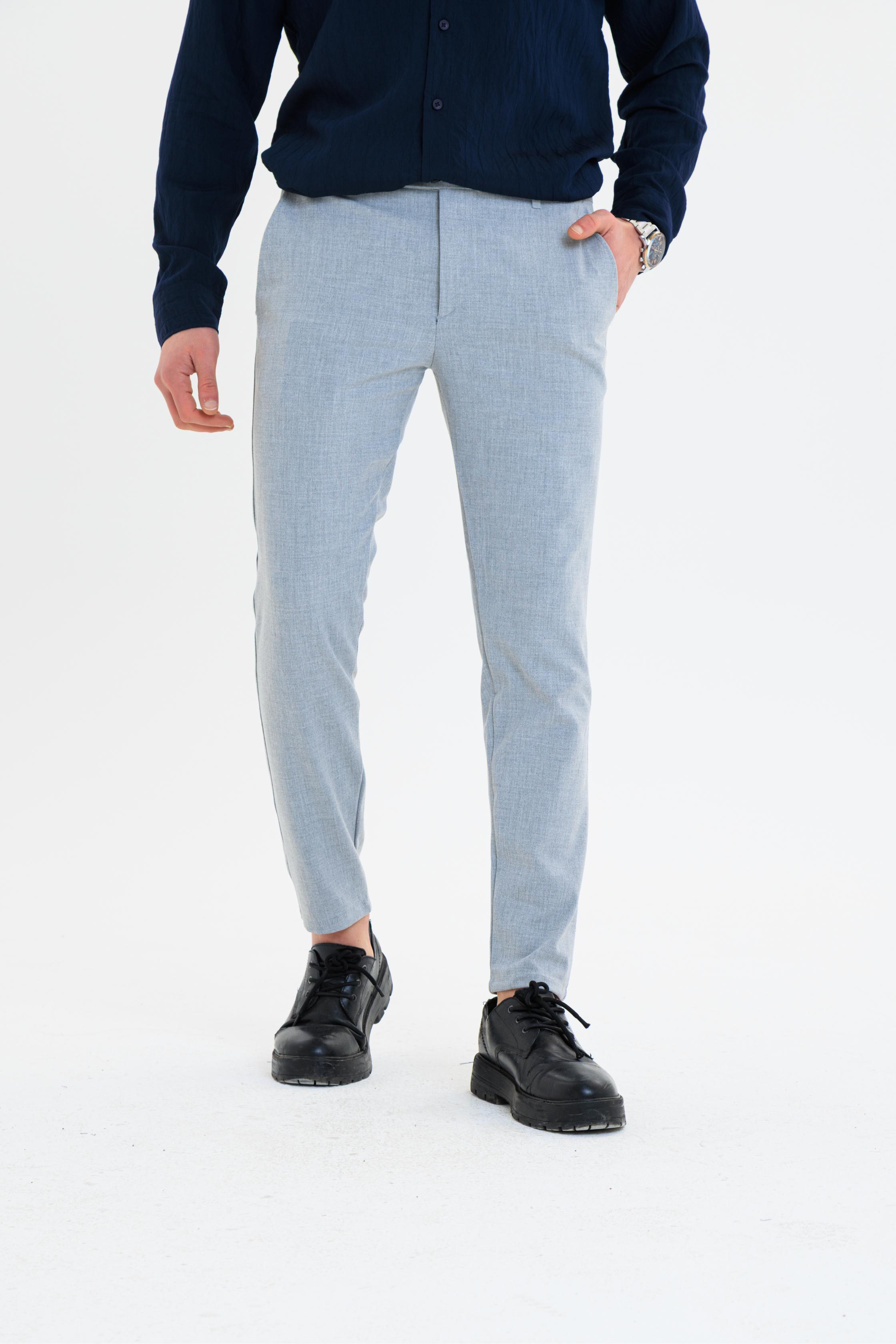 Erkek Düz Kesim Kumaş Pantolon Esnek Likralı Bilek Boy Gri -Skinny & Normal Bel