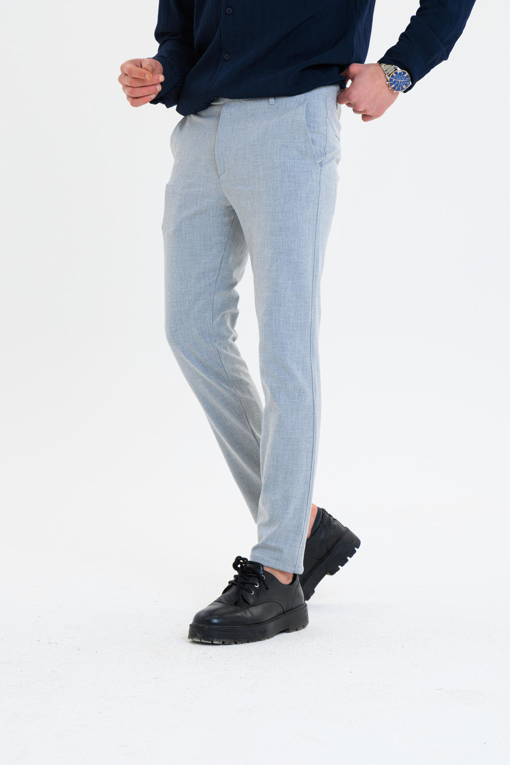 Erkek Düz Kesim Kumaş Pantolon Esnek Likralı Bilek Boy Gri -Skinny & Normal Bel