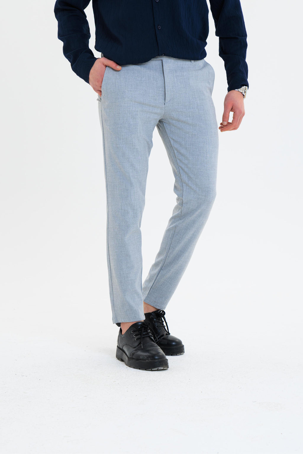 Erkek Düz Kesim Kumaş Pantolon Esnek Likralı Bilek Boy Gri -Skinny & Normal Bel