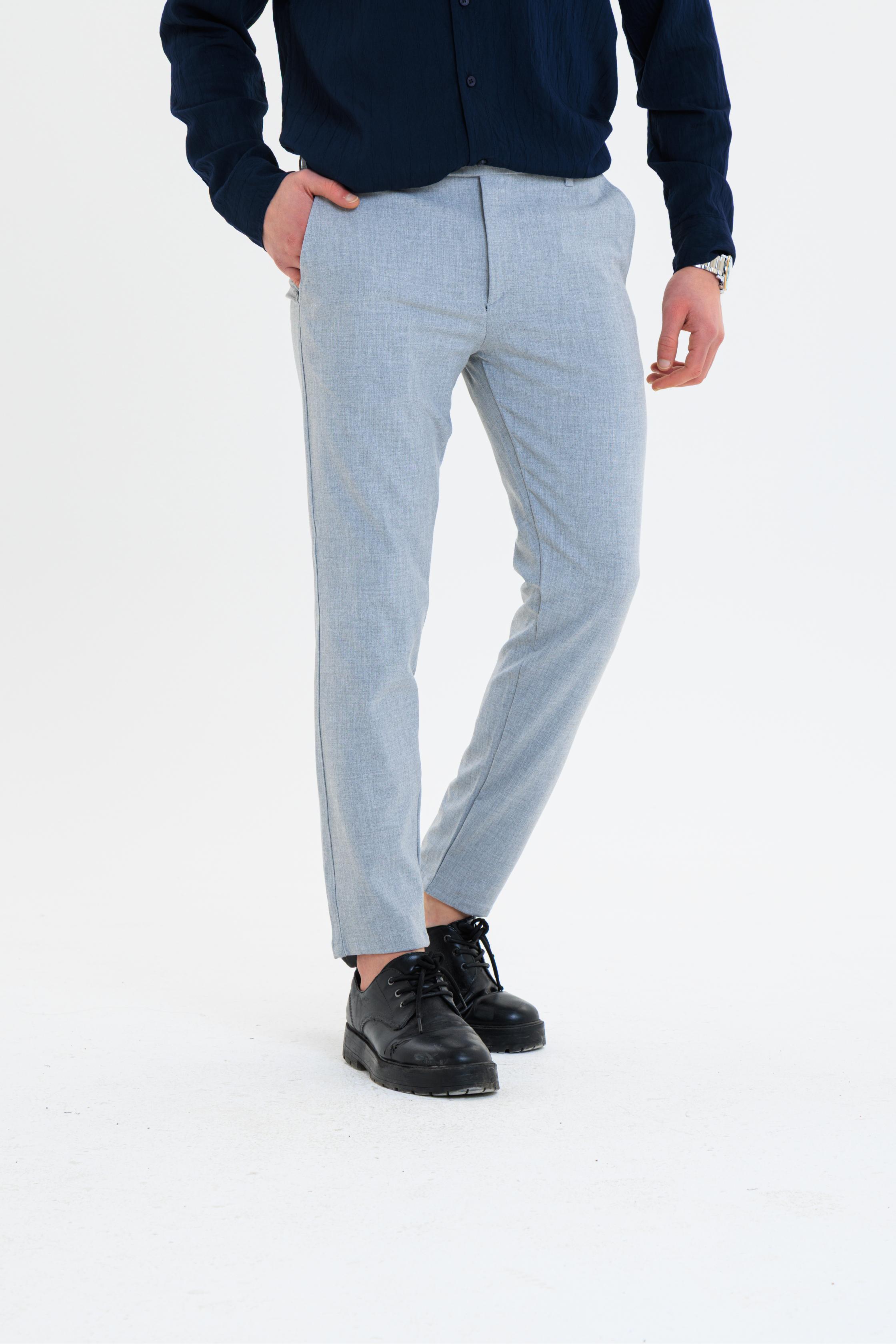 Erkek Düz Kesim Kumaş Pantolon Esnek Likralı Bilek Boy Gri -Skinny & Normal Bel