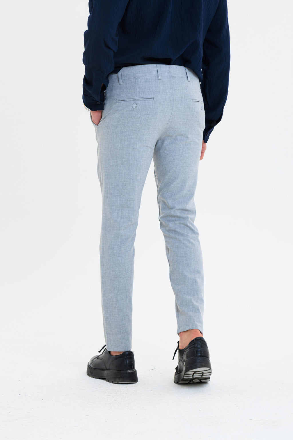 Erkek Düz Kesim Kumaş Pantolon Esnek Likralı Bilek Boy Gri -Skinny & Normal Bel