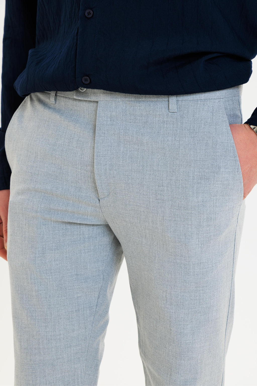 Erkek Düz Kesim Kumaş Pantolon Esnek Likralı Bilek Boy Gri -Skinny & Normal Bel