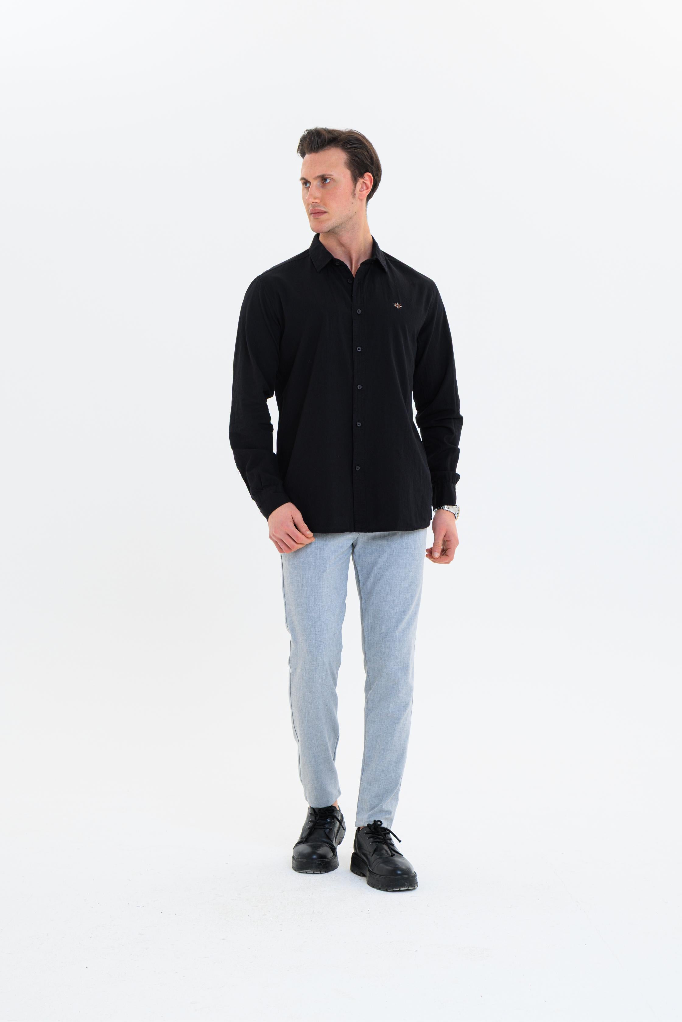GEWER Erkek Slim Fit Nakış Detaylı Keten %100 Pamuk Siyah Gömlek