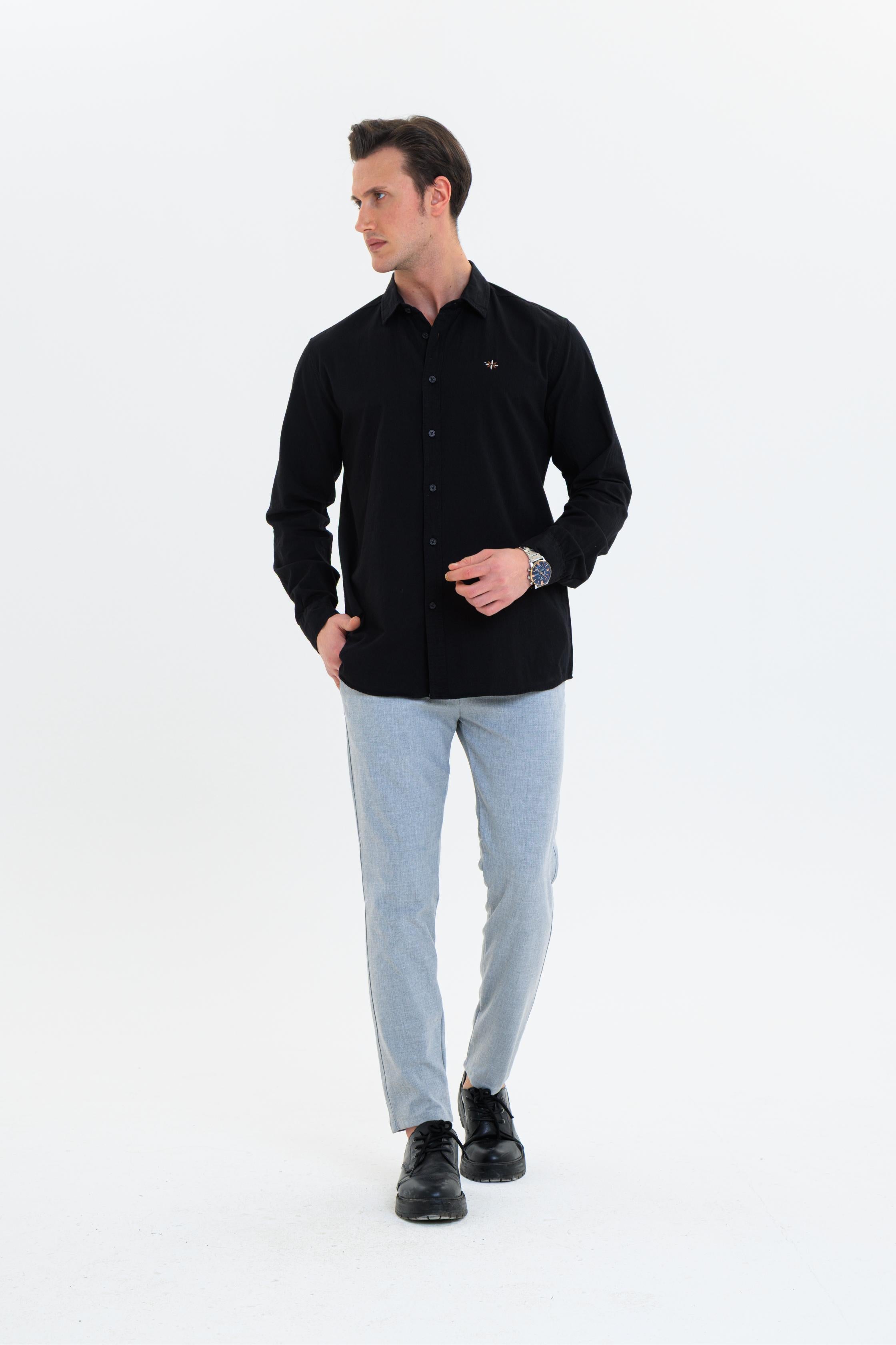 GEWER Erkek Slim Fit Nakış Detaylı Keten %100 Pamuk Siyah Gömlek