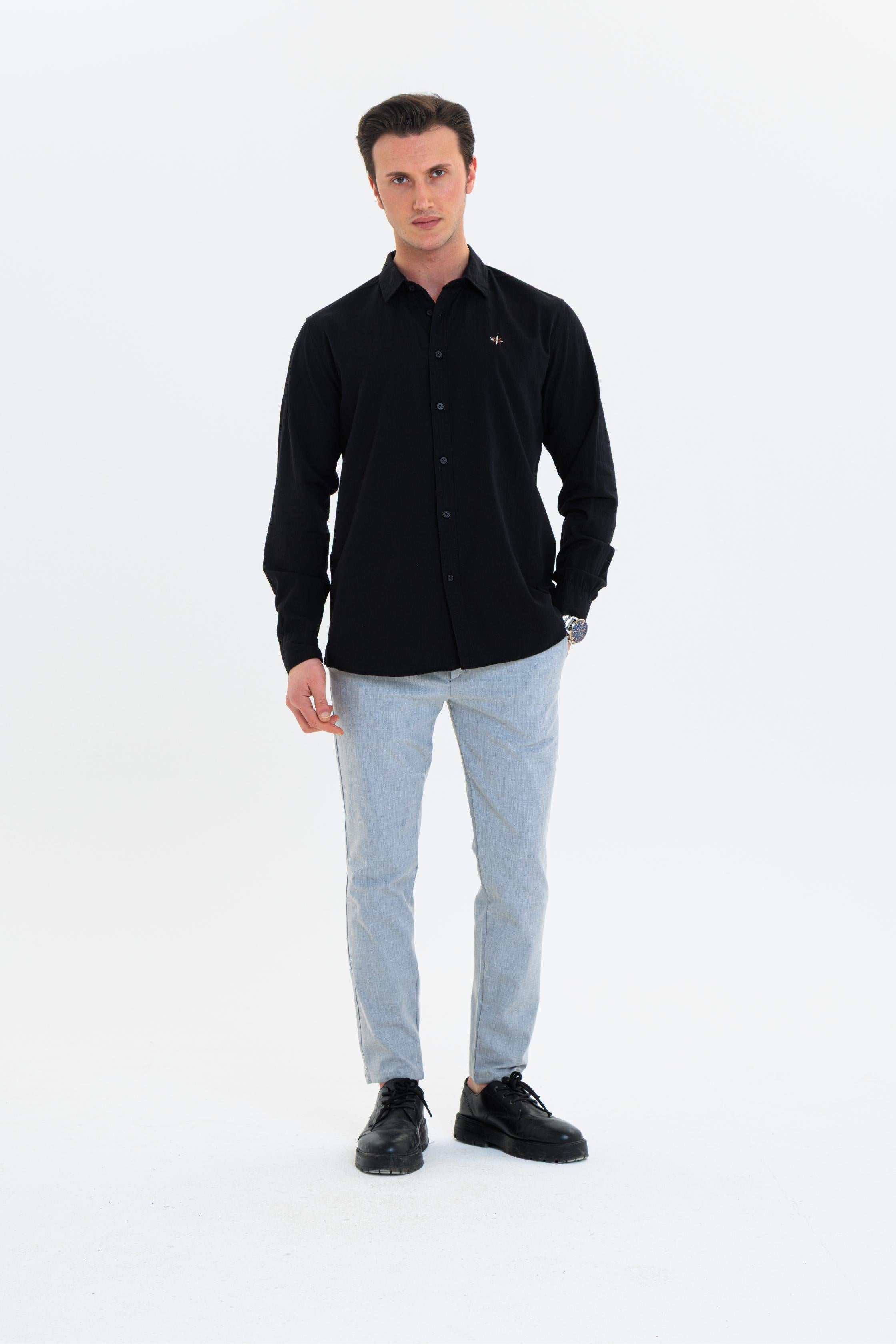 GEWER Erkek Slim Fit Nakış Detaylı Keten %100 Pamuk Siyah Gömlek