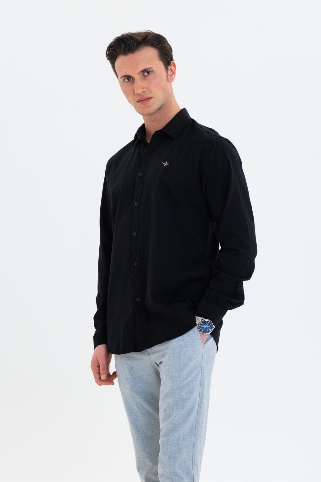 GEWER Erkek Slim Fit Nakış Detaylı Keten %100 Pamuk Siyah Gömlek