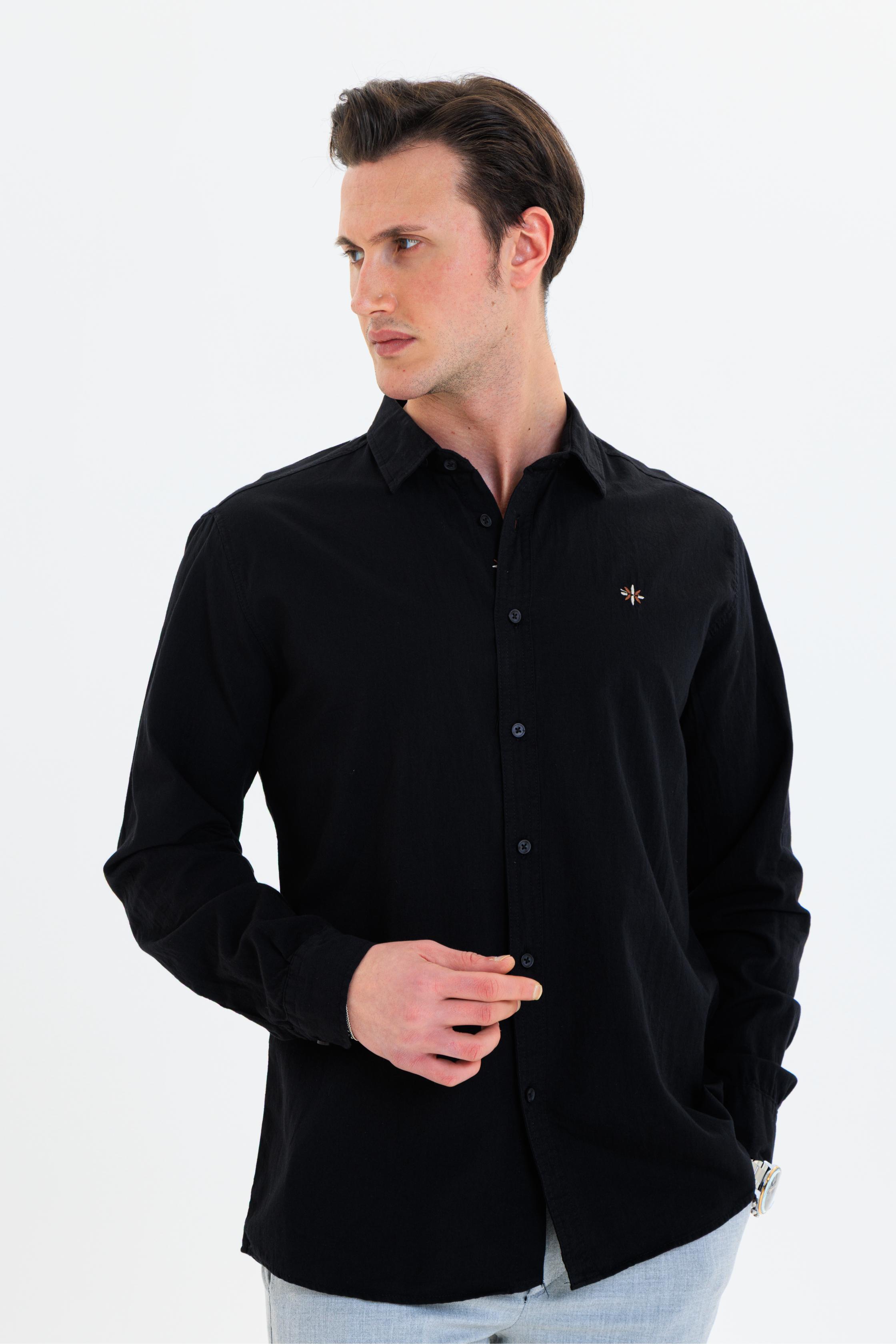 GEWER Erkek Slim Fit Nakış Detaylı Keten %100 Pamuk Siyah Gömlek
