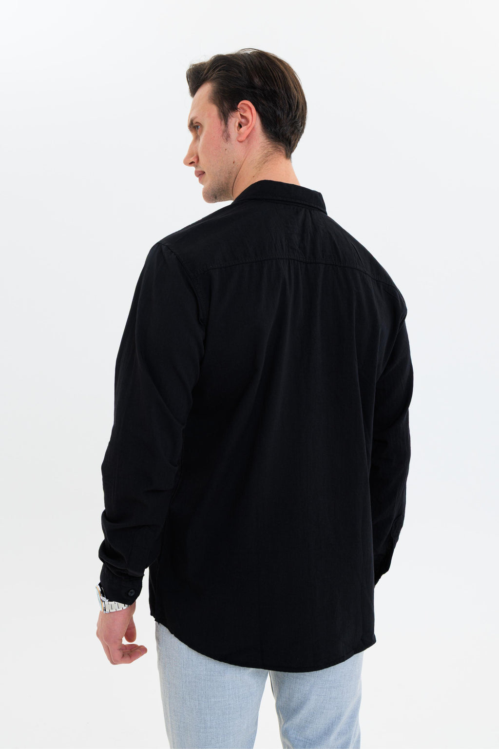 GEWER Erkek Slim Fit Nakış Detaylı Keten %100 Pamuk Siyah Gömlek