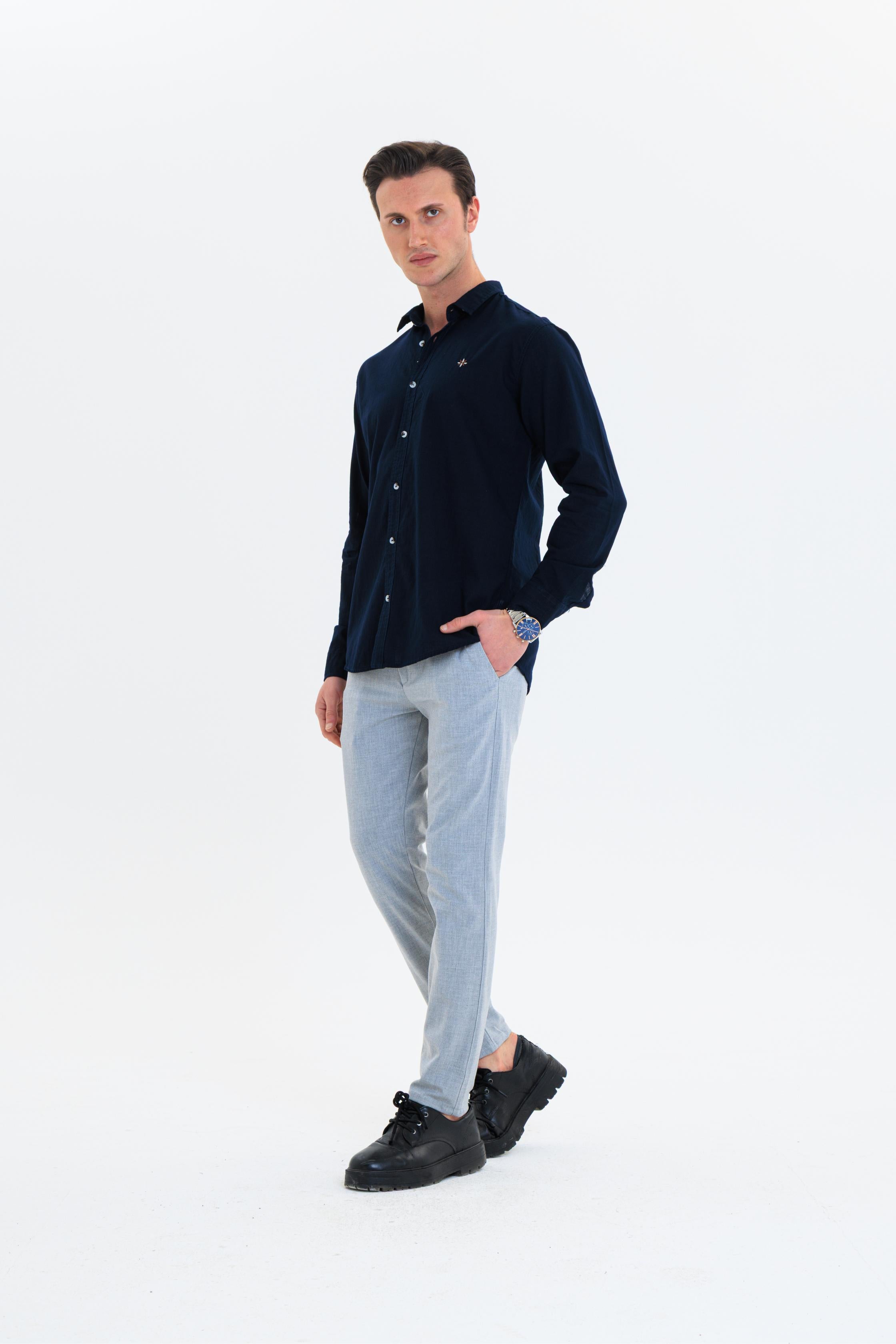 GEWER Erkek Slim Fit Nakış Detaylı Keten %100 Pamuk Lacivert Gömlek
