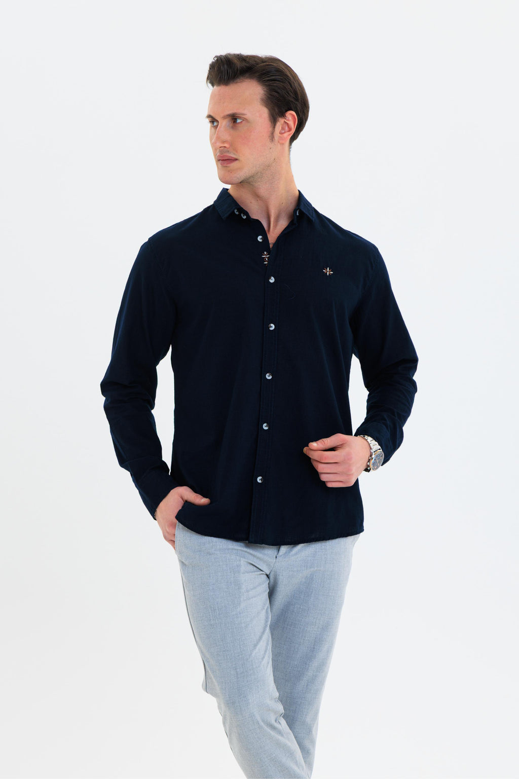 GEWER Erkek Slim Fit Nakış Detaylı Keten %100 Pamuk Lacivert Gömlek