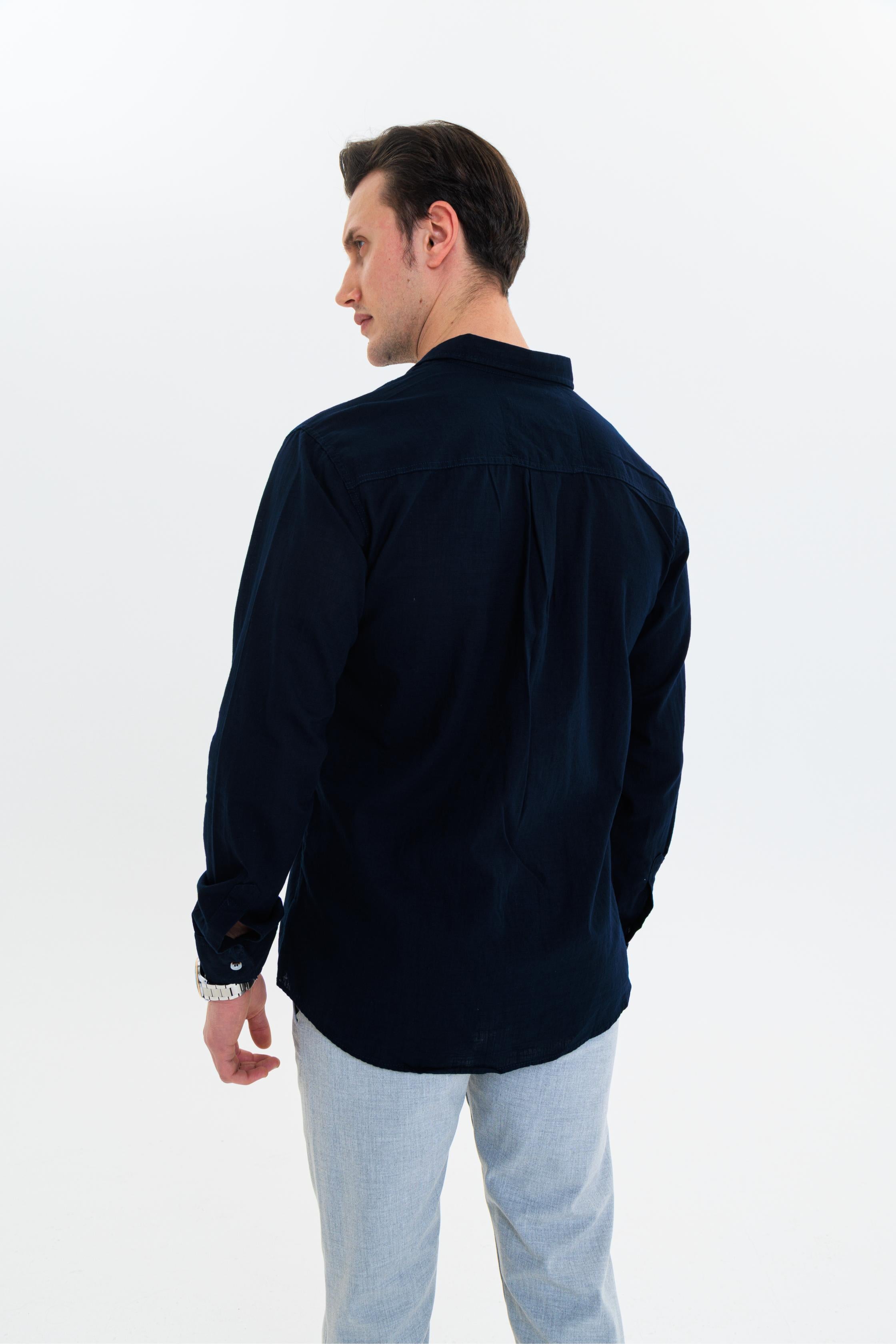 GEWER Erkek Slim Fit Nakış Detaylı Keten %100 Pamuk Lacivert Gömlek