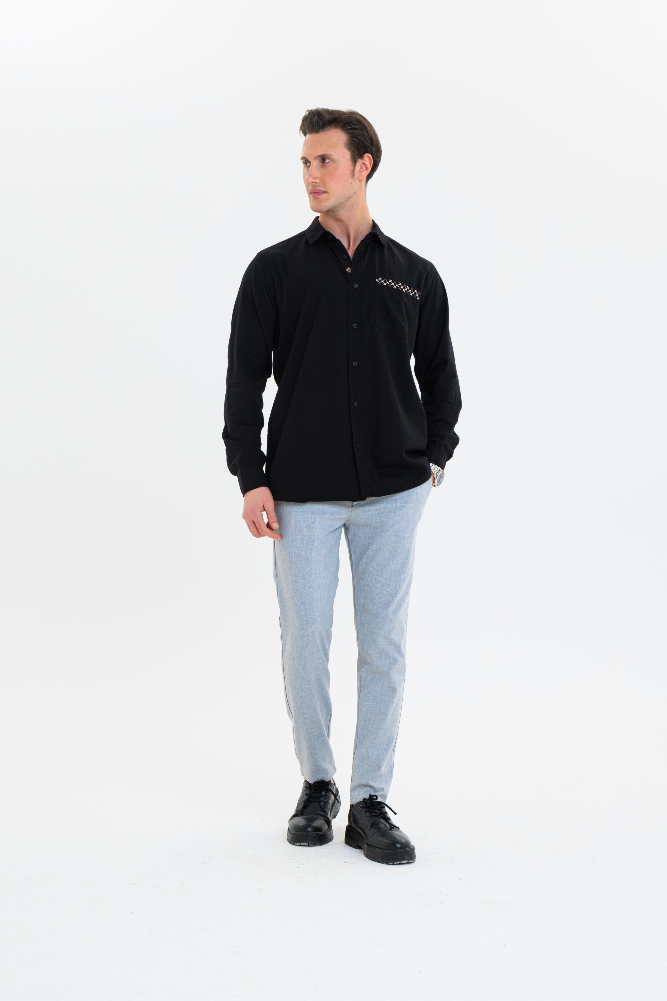GEWER Erkek Slim Fit Cepli Nakış Detaylı %100 Pamuk Siyah GÖMLEK