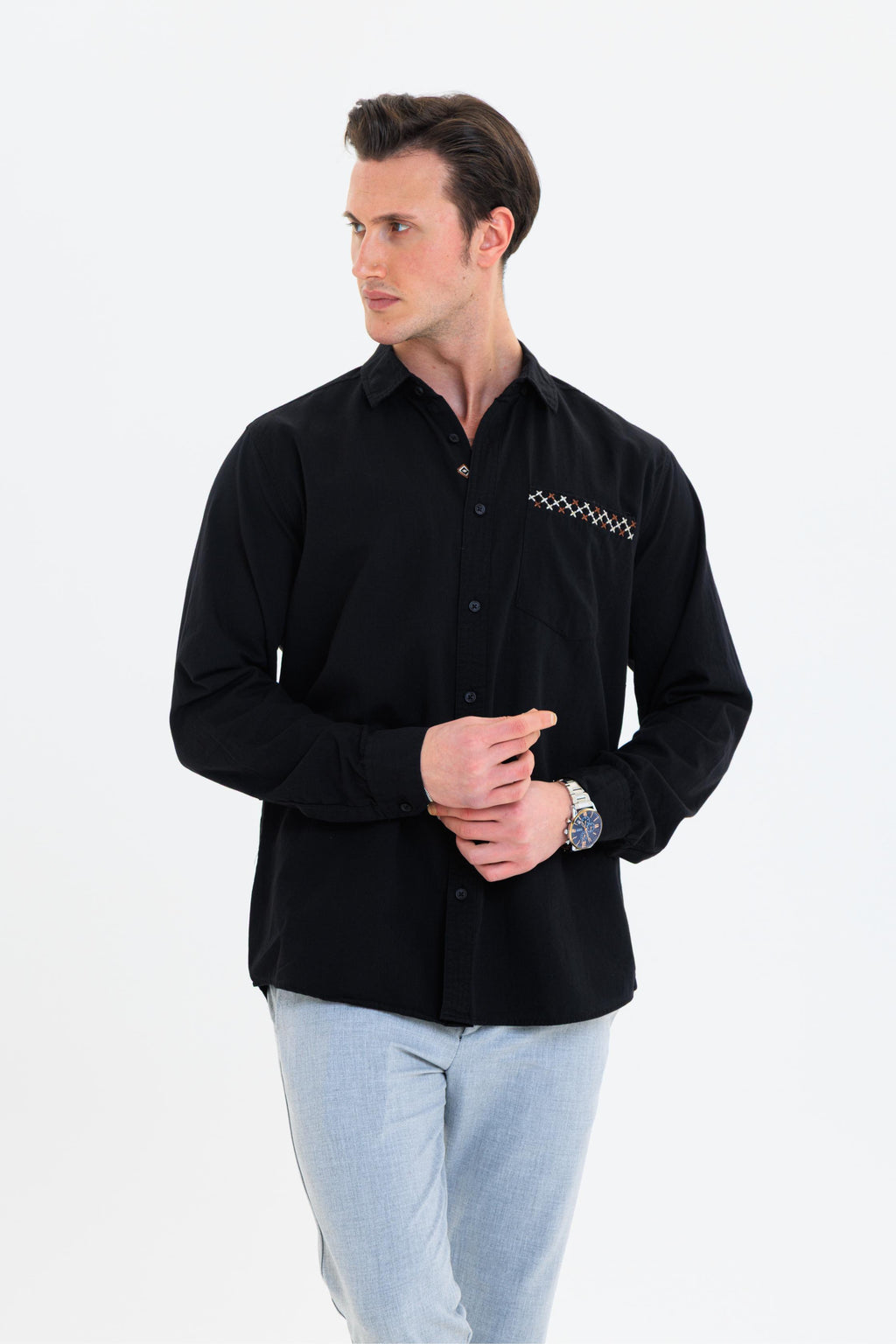 GEWER Erkek Slim Fit Cepli Nakış Detaylı %100 Pamuk Siyah GÖMLEK