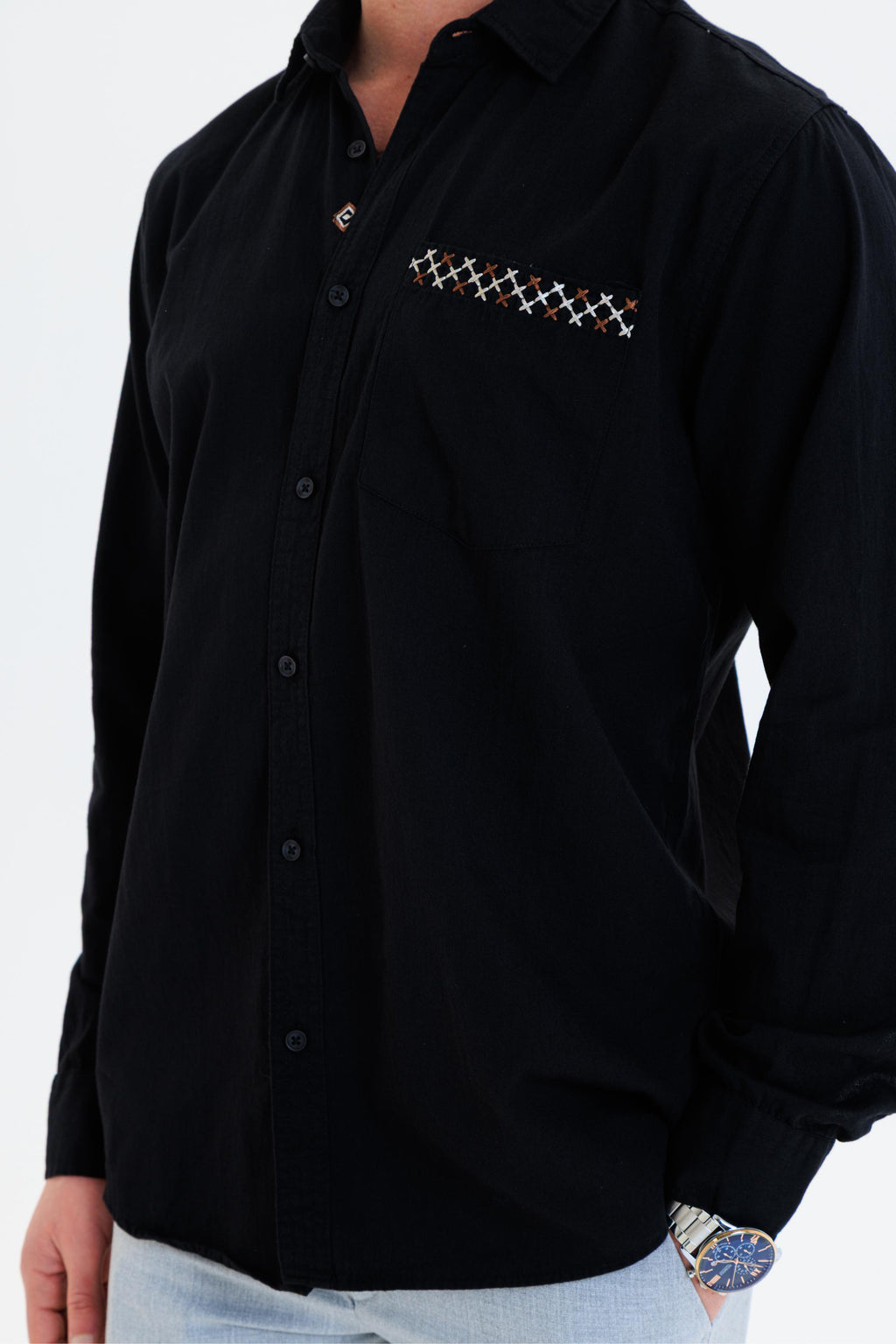 GEWER Erkek Slim Fit Cepli Nakış Detaylı %100 Pamuk Siyah GÖMLEK