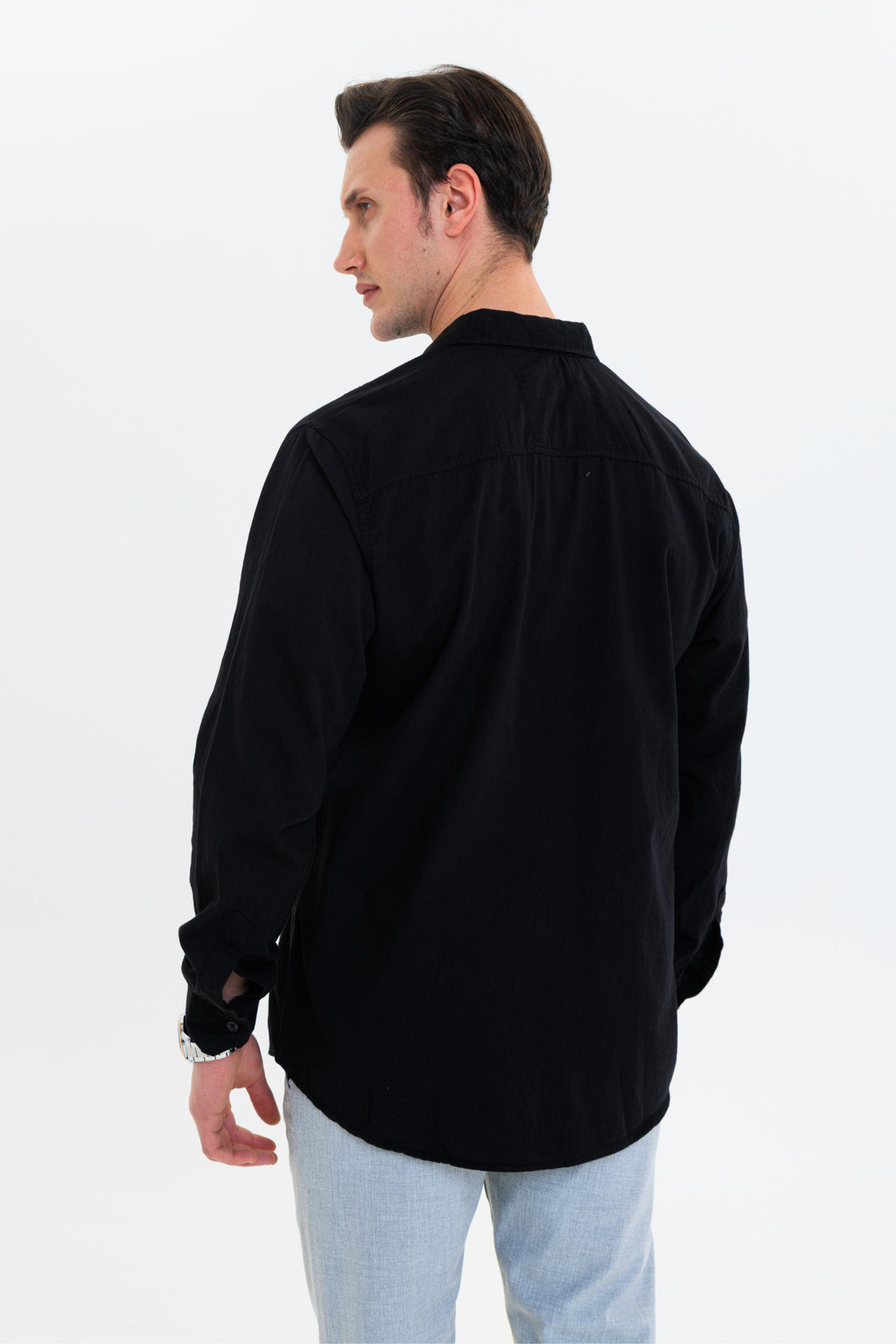 GEWER Erkek Slim Fit Cepli Nakış Detaylı %100 Pamuk Siyah GÖMLEK