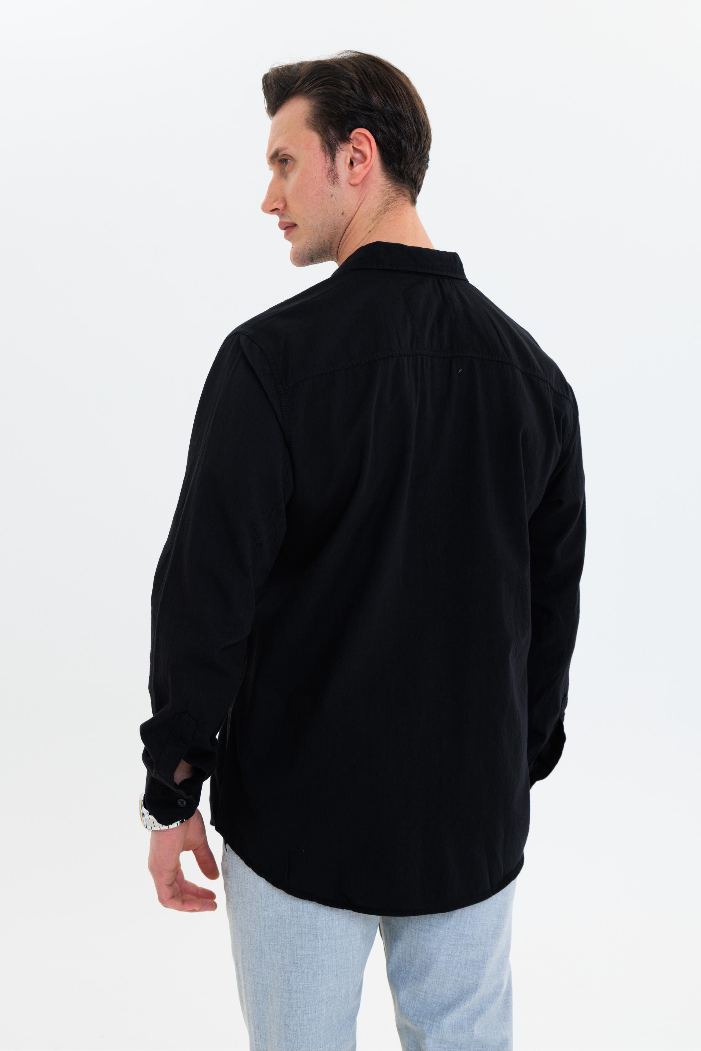 GEWER Erkek Slim Fit Cepli Nakış Detaylı %100 Pamuk Siyah GÖMLEK